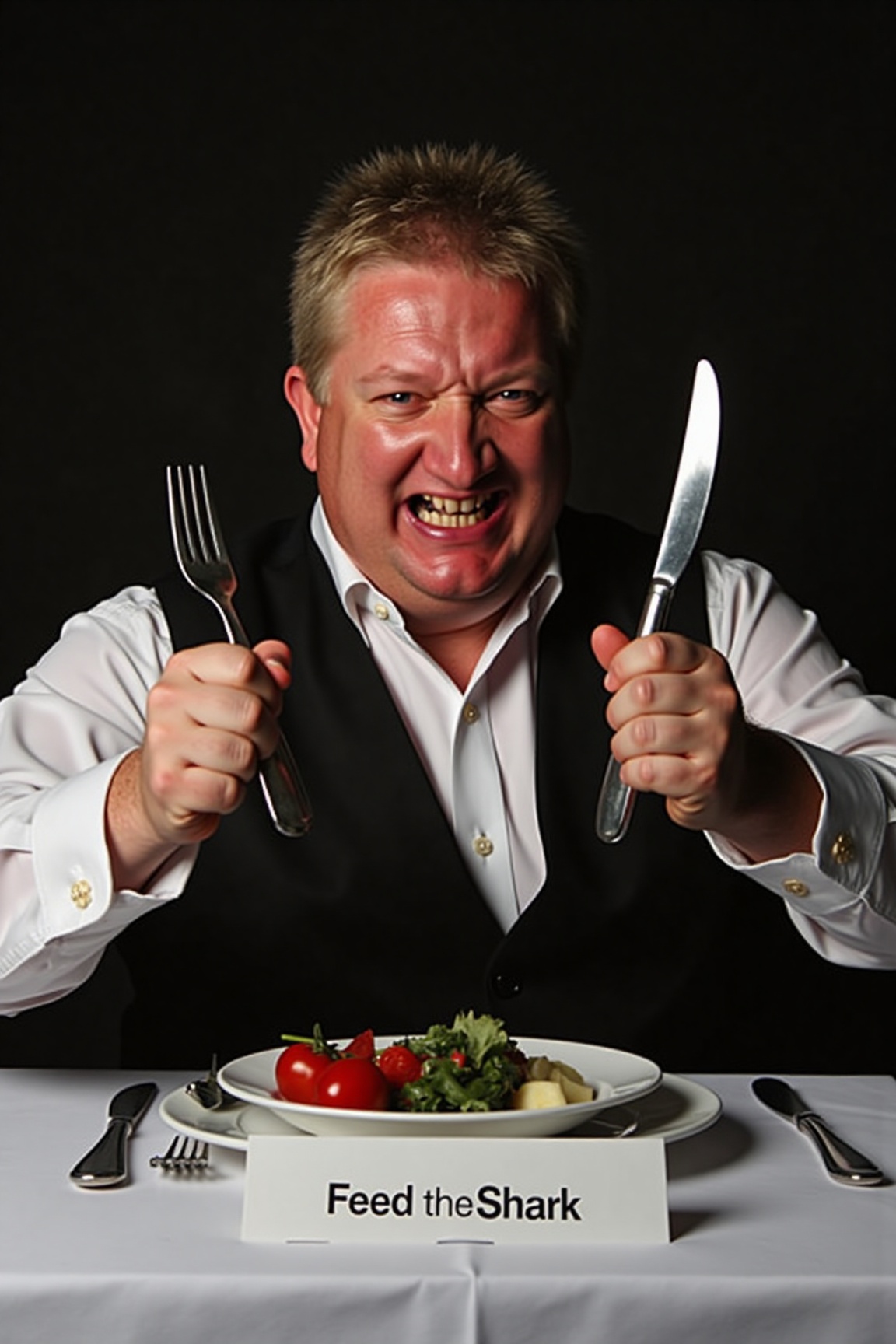 A high-resolution photograph of Colin Lloyd,  sitting at the head of a dining table,  cutlery in each hand upright. With a...
