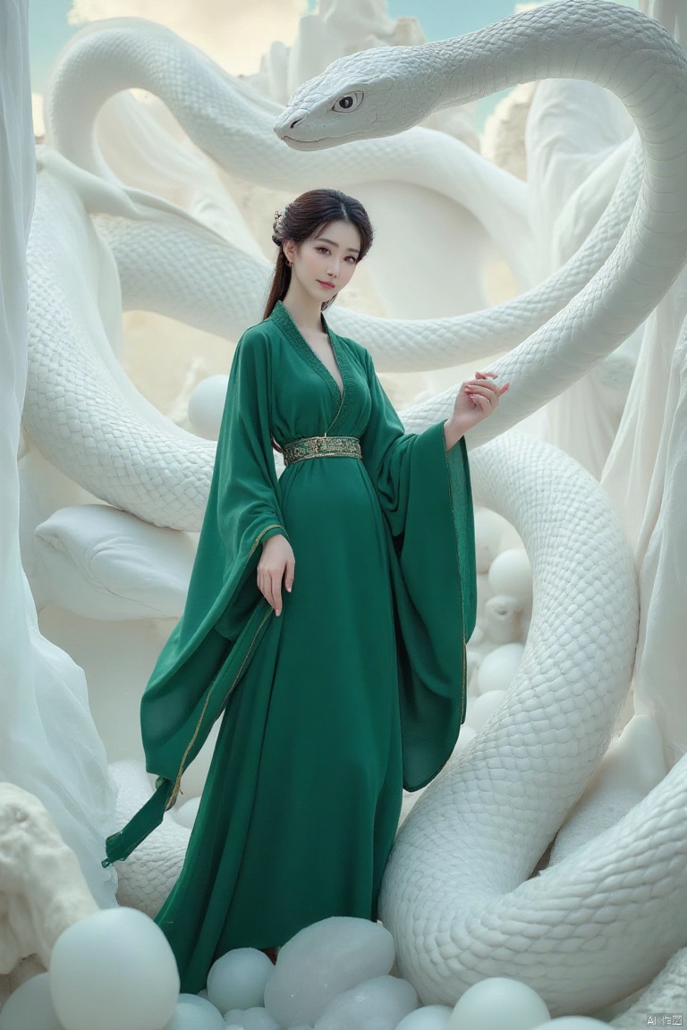 meinv,baishe,portrait photo,IMG_1045.HEIC of a photo, 
A woman in a flowing emerald green traditional Chinese dress,  posed gracefully beside a large, sculpted white snake.  The woman's dark hair is styled in an elaborate updo, and she gazes softly at the snake, her expression serene.  The dress has full, flowing sleeves and a wide, billowing skirt, exhibiting a delicate lace trim along the neckline and waist.  Soft, diffused lighting creates a romantic and ethereal atmosphere.  The background features voluminous, white, sheer fabrics, draped dramatically around the scene, lending a sense of lightness and airy grace.  The snake,  a central element, is vividly sculpted in white stone, wrapping around and touching the woman's hand, suggesting a connection and ethereal harmony.  The color palette is primarily soft greens and whites, with subtle highlights.  The overall aesthetic is elegant, peaceful, and reminiscent of Chinese classical art with strong elements of soft realism.
