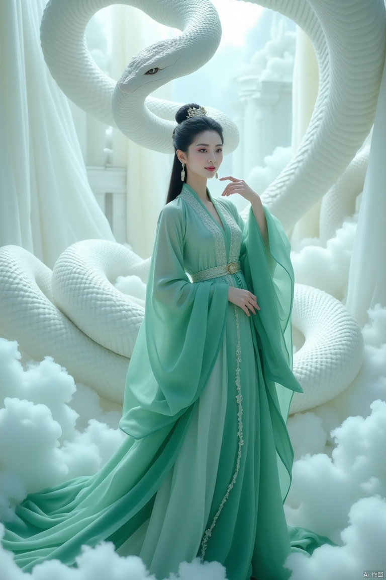 baishe,portrait photo,IMG_1045.HEIC of a photo, 
A woman in a flowing emerald green traditional Chinese dress,  posed gracefully beside a large, sculpted white snake.  The woman's dark hair is styled in an elaborate updo, and she gazes softly at the snake, her expression serene.  The dress has full, flowing sleeves and a wide, billowing skirt, exhibiting a delicate lace trim along the neckline and waist.  Soft, diffused lighting creates a romantic and ethereal atmosphere.  The background features voluminous, white, sheer fabrics, draped dramatically around the scene, lending a sense of lightness and airy grace.  The snake,  a central element, is vividly sculpted in white stone, wrapping around and touching the woman's hand, suggesting a connection and ethereal harmony.  The color palette is primarily soft greens and whites, with subtle highlights.  The overall aesthetic is elegant, peaceful, and reminiscent of Chinese classical art with strong elements of soft realism.
