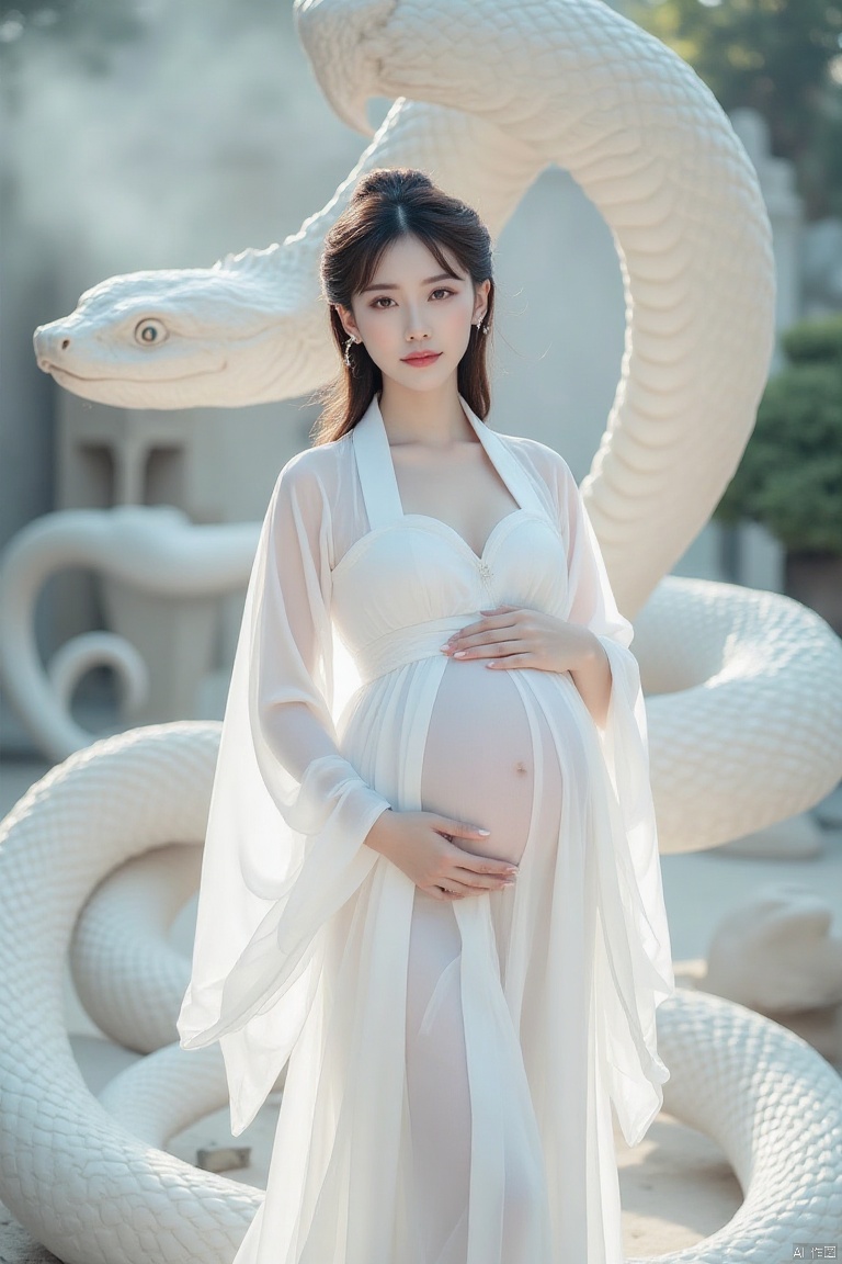meinv,baishe,portrait photo,IMG_1045.HEIC of a photo, 
Pregnant woman in a flowing white gown, serenely cradling her belly, positioned in front of a large, sculpted white snake.  Soft, ethereal lighting casts a delicate glow over the scene, highlighting the intricate details of the gown's sheer fabric.  The woman's expression is peaceful and contemplative, with long, dark hair styled in a traditional Chinese updo.  Delicate jewelry accents her attire. The gown's design has long, flowing sleeves, falling gracefully around her, draping in gentle folds.  The snake, intricately carved from white stone, stretches behind her, its smooth surface reflecting the ambient light. The background features a soft, out-of-focus stone garden, adding to the serene atmosphere.  Pale, pastel colors dominate the image, creating a dreamlike, almost mystical mood.  The composition has a gentle focus, drawing the viewer's eye towards the pregnant woman and the symbolic snake.  A cinematic perspective suggests a delicate handheld focus, enhancing the intimate feel.  Asian-inspired imagery,  traditional aesthetics, and soft focus.
