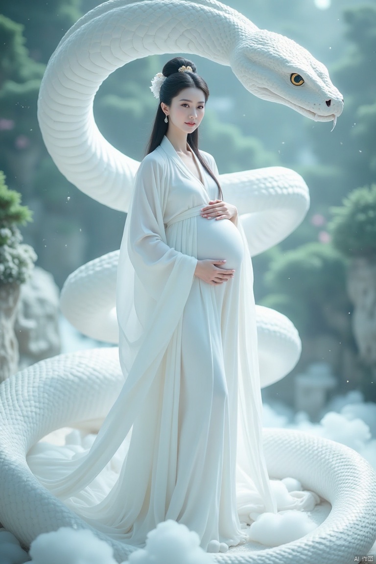 baishe,portrait photo,IMG_1045.HEIC of a photo, 
A pregnant woman in a flowing, white, traditional Chinese-style dress, posing serenely in front of a large, sculpted white snake.  Soft, diffused light illuminates the scene, casting a gentle glow on the woman and snake.  The woman's expression is serene and peaceful, her gaze gently directed forward.  Her long, dark hair is styled in a traditional updo.  The dress has flowing, billowing sleeves and a flowing skirt, creating a sense of ethereal movement.  The woman's hands are gently placed on her pregnant belly. The large sculpted snake is a prominent feature, wrapping around and partially behind the woman, its scales detailed and smooth.  The background suggests a lush, natural setting, with out-of-focus greenery providing a soft backdrop to the ethereal scene.  The color palette is primarily white with subtle variations of light and shadow, lending a dreamlike and elegant atmosphere to the image.  The composition is carefully balanced, drawing the viewer's focus to both the woman and the snake with a soft focus on the background.  The image evokes a sense of peace, grace, and tranquility, drawing inspiration from traditional Asian aesthetics and imagery.  Soft focus portrait, ethereal, artistic,  cinematic,  romantic,  Asian inspired.

