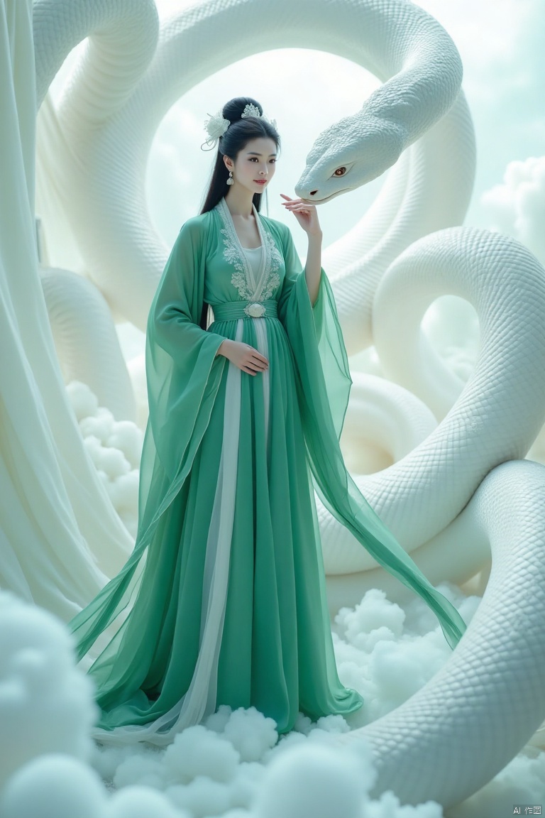 baishe,portrait photo,IMG_1045.HEIC of a photo, 
A woman in a flowing emerald green traditional Chinese dress,  posed gracefully beside a large, sculpted white snake.  The woman's dark hair is styled in an elaborate updo, and she gazes softly at the snake, her expression serene.  The dress has full, flowing sleeves and a wide, billowing skirt, exhibiting a delicate lace trim along the neckline and waist.  Soft, diffused lighting creates a romantic and ethereal atmosphere.  The background features voluminous, white, sheer fabrics, draped dramatically around the scene, lending a sense of lightness and airy grace.  The snake,  a central element, is vividly sculpted in white stone, wrapping around and touching the woman's hand, suggesting a connection and ethereal harmony.  The color palette is primarily soft greens and whites, with subtle highlights.  The overall aesthetic is elegant, peaceful, and reminiscent of Chinese classical art with strong elements of soft realism.

