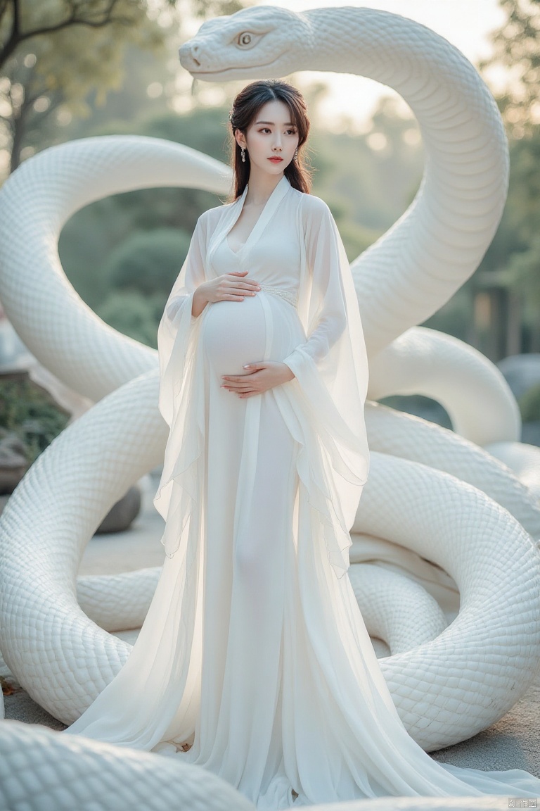 meinv,baishe,portrait photo,IMG_1045.HEIC of a photo, 
Pregnant woman in a flowing white gown, serenely cradling her belly, positioned in front of a large, sculpted white snake.  Soft, ethereal lighting casts a delicate glow over the scene, highlighting the intricate details of the gown's sheer fabric.  The woman's expression is peaceful and contemplative, with long, dark hair styled in a traditional Chinese updo.  Delicate jewelry accents her attire. The gown's design has long, flowing sleeves, falling gracefully around her, draping in gentle folds.  The snake, intricately carved from white stone, stretches behind her, its smooth surface reflecting the ambient light. The background features a soft, out-of-focus stone garden, adding to the serene atmosphere.  Pale, pastel colors dominate the image, creating a dreamlike, almost mystical mood.  The composition has a gentle focus, drawing the viewer's eye towards the pregnant woman and the symbolic snake.  A cinematic perspective suggests a delicate handheld focus, enhancing the intimate feel.  Asian-inspired imagery,  traditional aesthetics, and soft focus.
