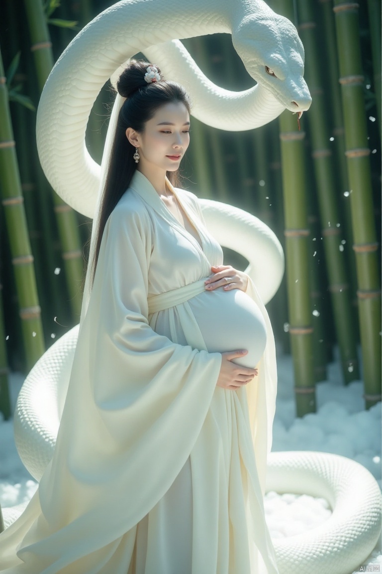 baishe,portrait photo,IMG_1045.HEIC of a photo, 
Pregnant woman in flowing white Hanfu dress, serene expression, gently cradling her belly.  Soft, ethereal light illuminates her figure, emphasizing the delicate fabric and smooth skin.  Large, white snake gracefully arches above her head, creating a sense of mystery and connection. Lush bamboo stalks form the background, casting subtle shadows and providing a natural backdrop that accentuates the figure.  The image’s color palette features soft creams and muted greens, suggesting a tranquil, almost dreamlike atmosphere.  Gentle, diffused natural light creates a soft, romantic mood.  Portrait style, Asian aesthetic, delicate details, traditional Chinese attire.  Focus on the pregnant woman and the snake, medium close-up shot, shallow depth of field.  Silk-like texture,  flowing fabric, graceful pose,  calm and peaceful feeling.
