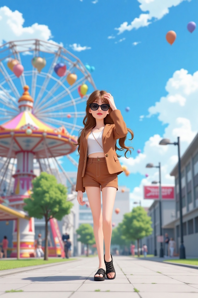 Animated cartoon of a woman in a brown jacket and shorts,  standing on a gray sidewalk with long brown hair and black sung...