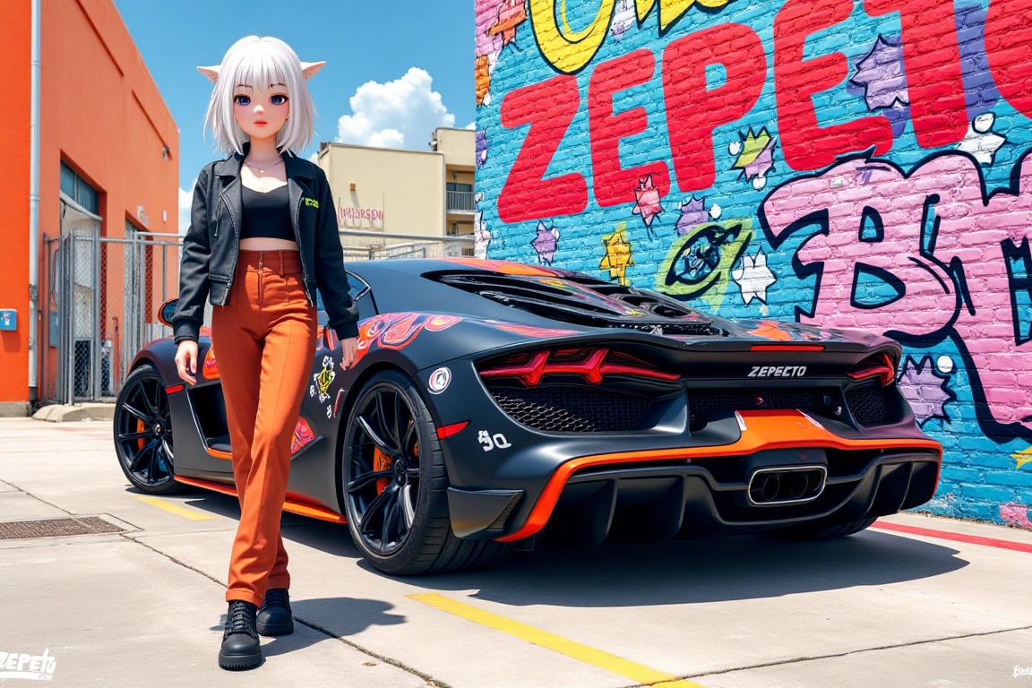 Full-length anime character Anya with white hair,  standing beside a hyper car in the center. The car is fully visible,  w...