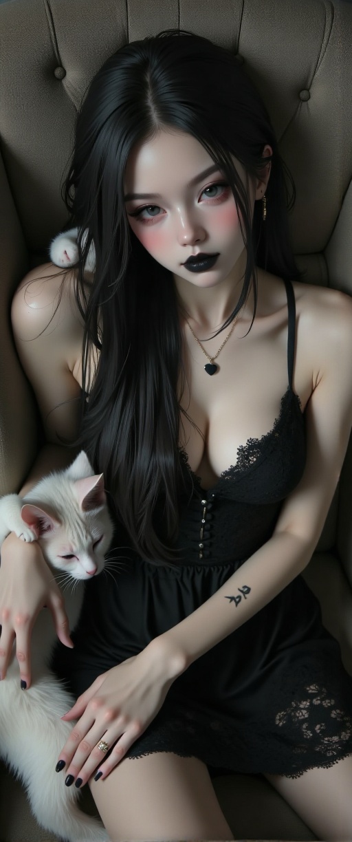 a 28 year old Caucasian goth woman,  she has a single very long thick black braid,  her face is heart shaped on Tensor.Art
