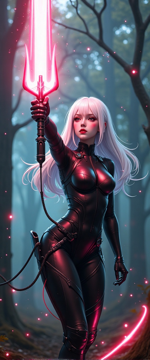 2D screenshot full-body illustrating lithe female raising colossal energy-blade made of circuitry. She has white hair and...