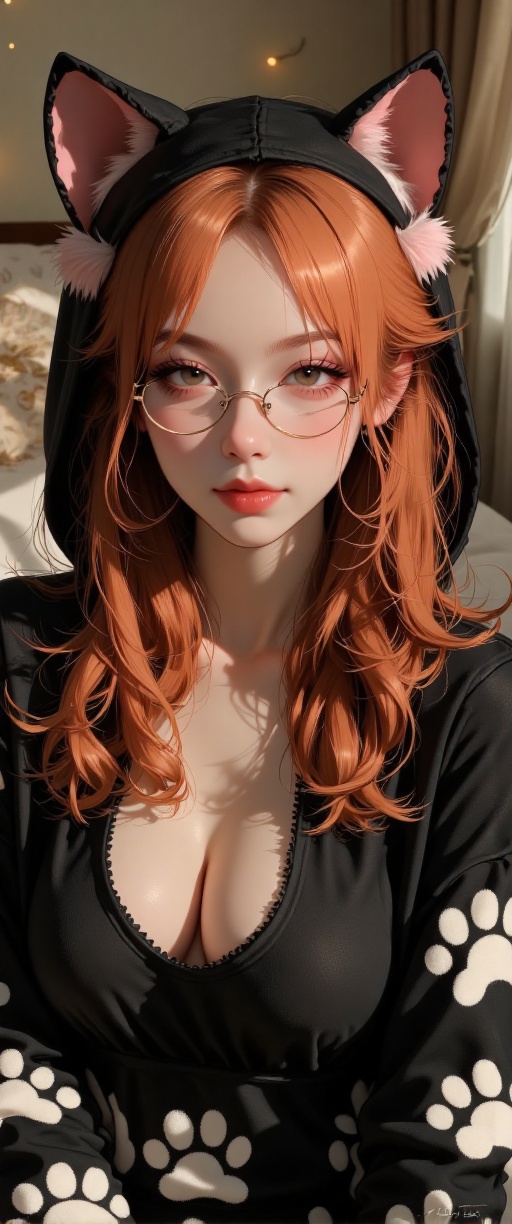 A stunning half-shot selfie of she wearing a cozy black cat onesie with white accents on the chest and playful paw designs...