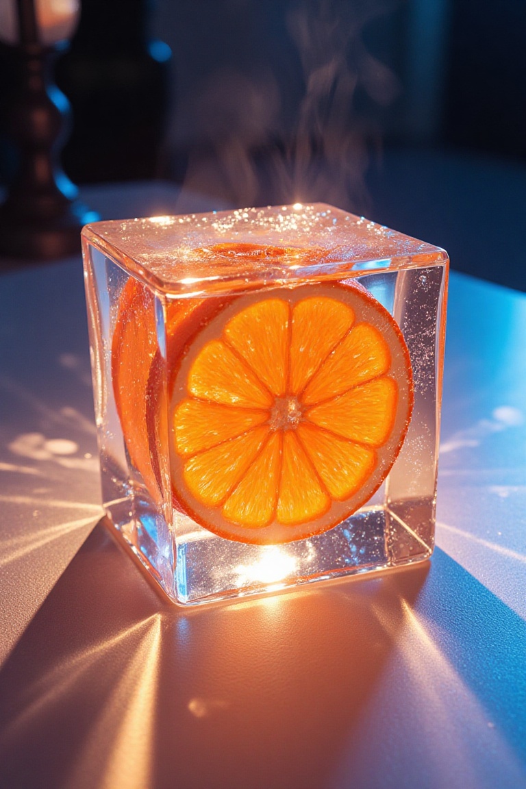 3D render,  realistic,  shining orange slice inside faceted ice cube on Tensor.Art