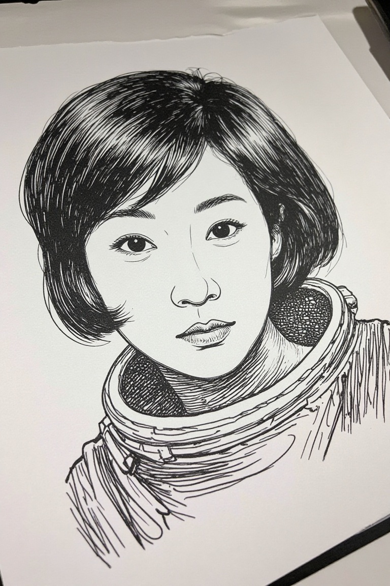 closeup photography of an ink sketch of an Japanese woman 1960s Astronaut. on construction paper. ((intricate paper textur...