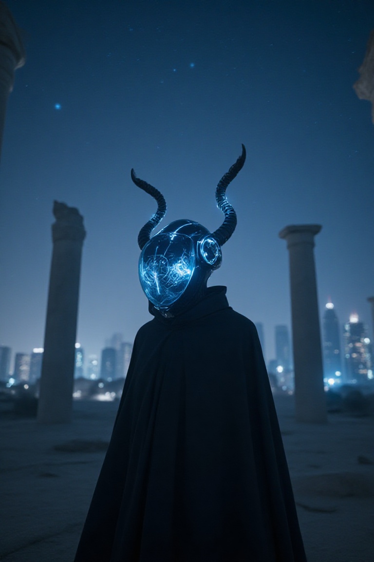 Cinematic,  futuristic scene featuring a close-up portrait of a mysterious figure wearing a dark,  flowing robe. The figur...