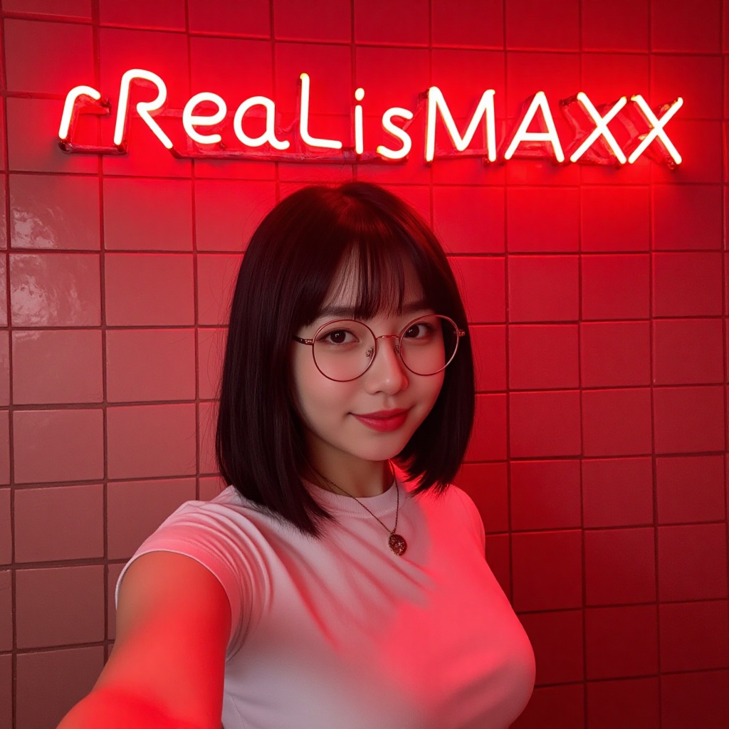 behind her big neon red light that read "rReaLisMAXX" ,  a pov of taking an instagram selfie a cute woman ,  againts squar...