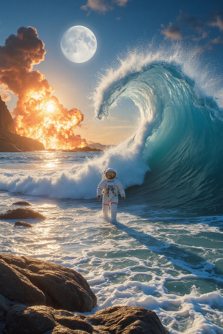 astronaut walking on sunshine,  vfx explosions in the background by john carpenter and michael bay,  parting the sea on Te...