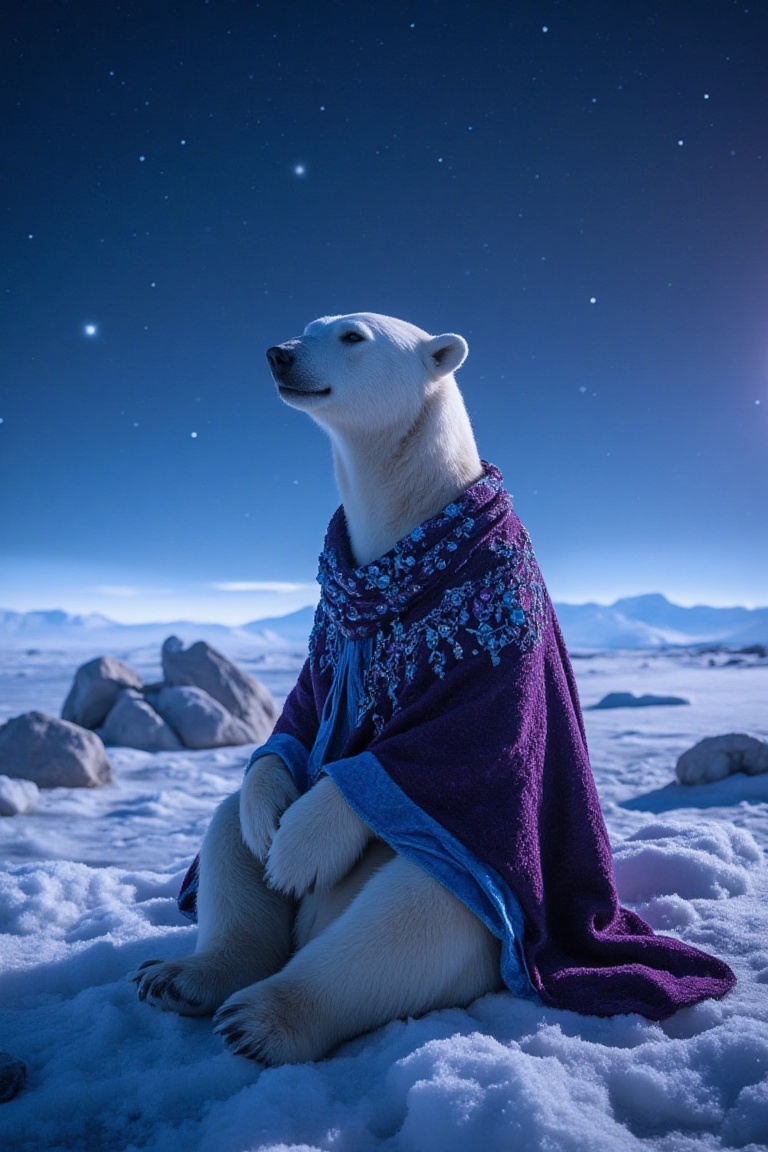 In this captivating realistic shot,  an anthropomorphic polar bear dressed in a richly textured,  jewel-toned shawl sits c...