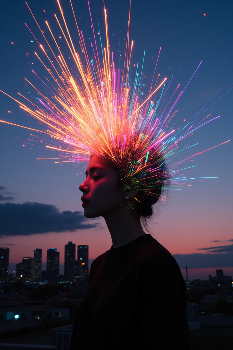 A surreal and glitch-inspired depiction of a figure with their head dissolving into a vibrant explosion of colorful light...