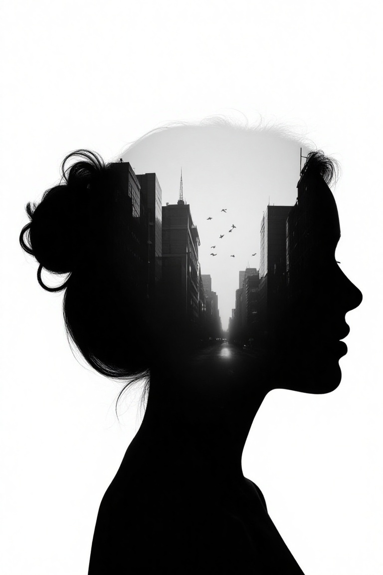 silhouette of woman's head,  within which there appears to be a cityscape with buildings. (birds FLY BETWEEN BUILDINGS,  I...