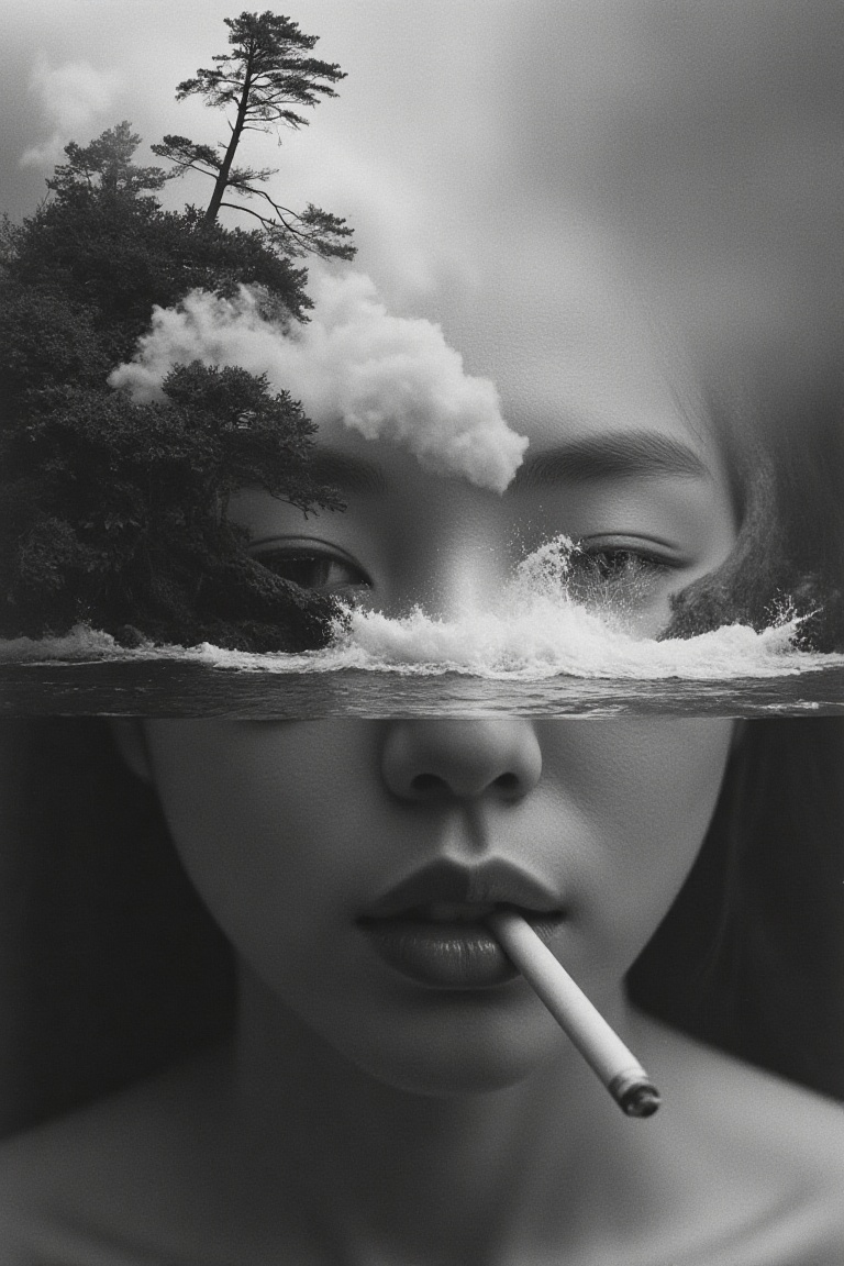 A surreal artwork showing a asian woman face with a cigarette in their mouth. upper face is obscured by what looks like a...