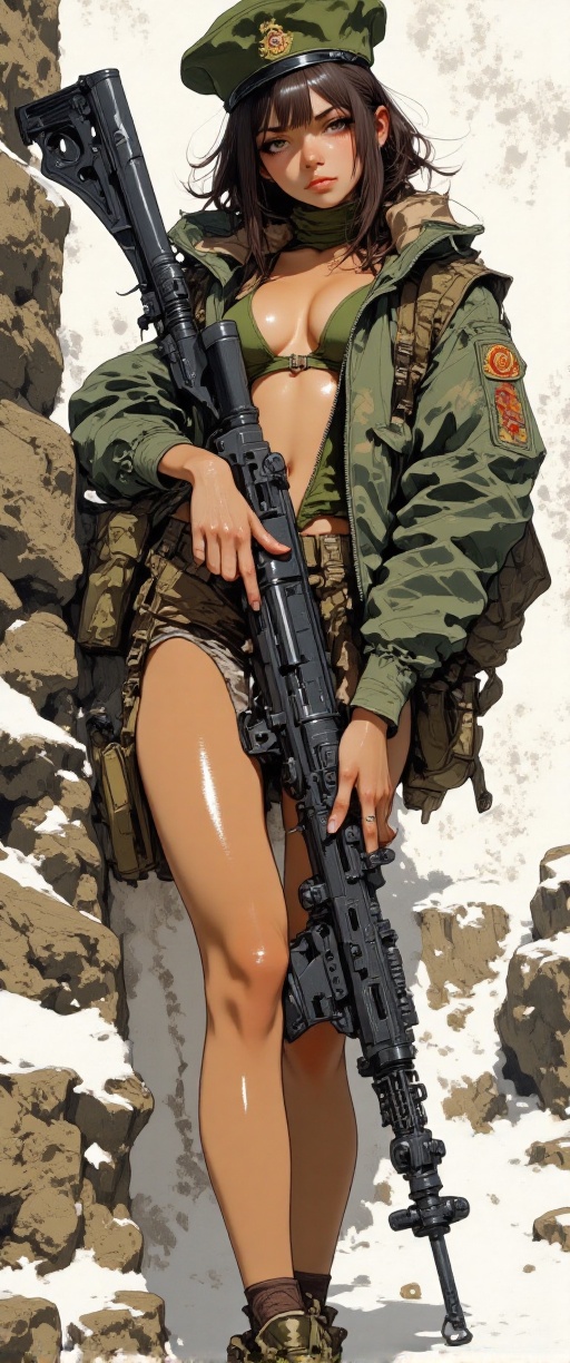 Here's a prompt in the style of Frank Frazetta: A majestic Royal Marine Commando,  clad in a provocative camouflage harnes...