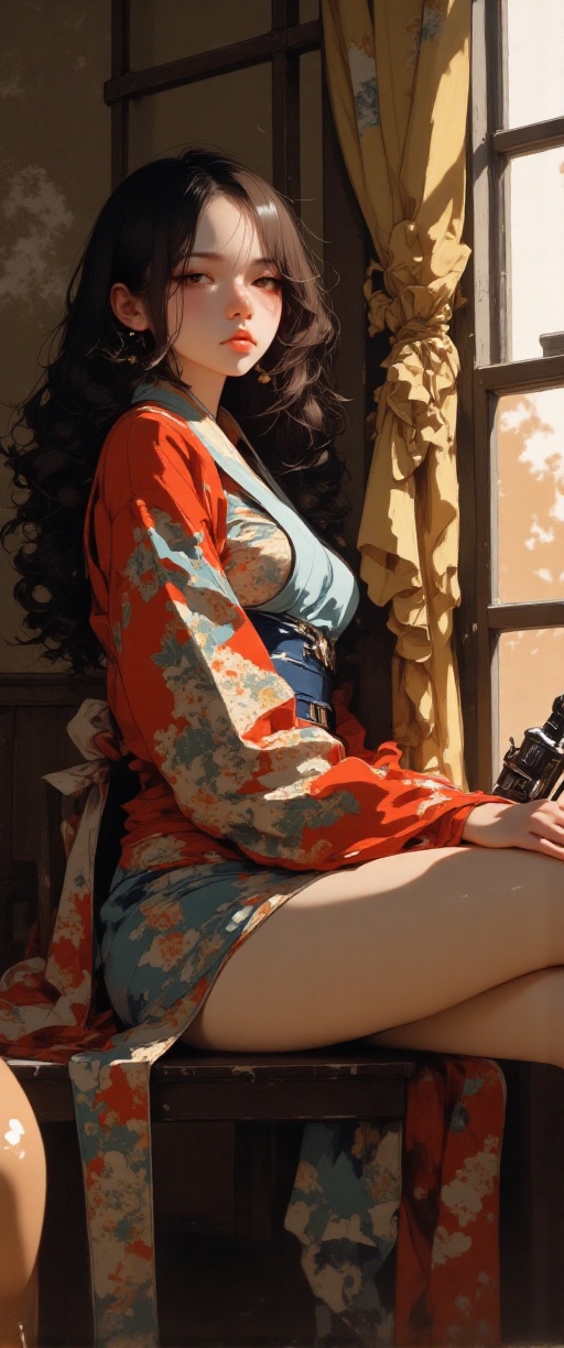 A sultry Korean fashion model,  renowned for her stunning features and captivating presence,  sits poised on a worn wooden...