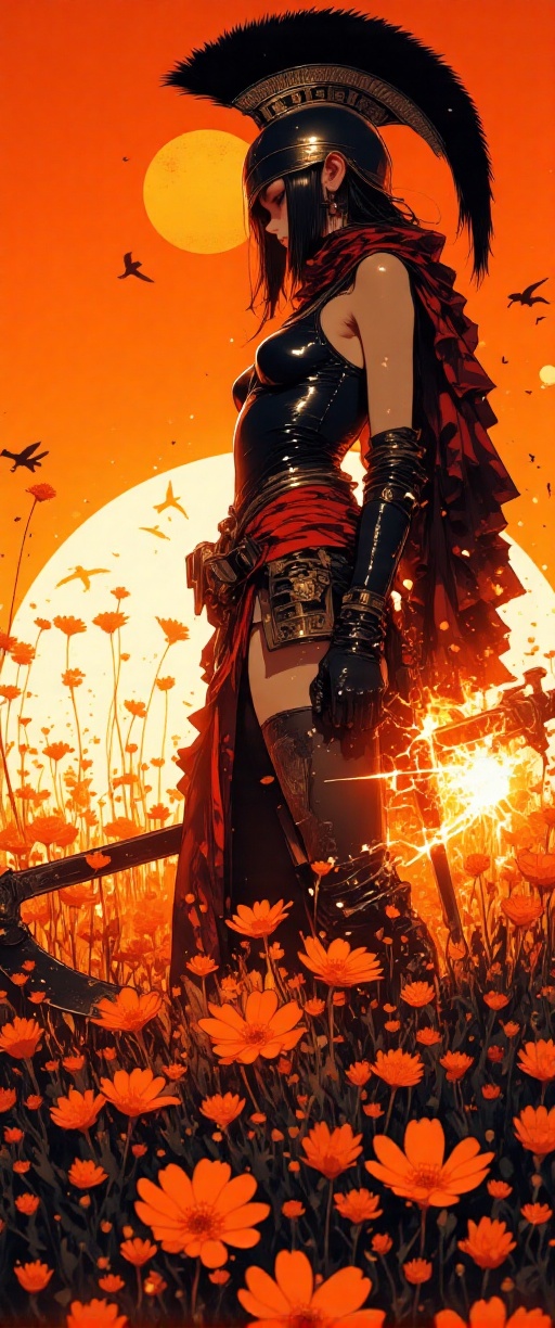 In the style of frank frazzeta,  a magnificent A majestic Spartan warrior stands tall in a lush field of wildflowers at su...