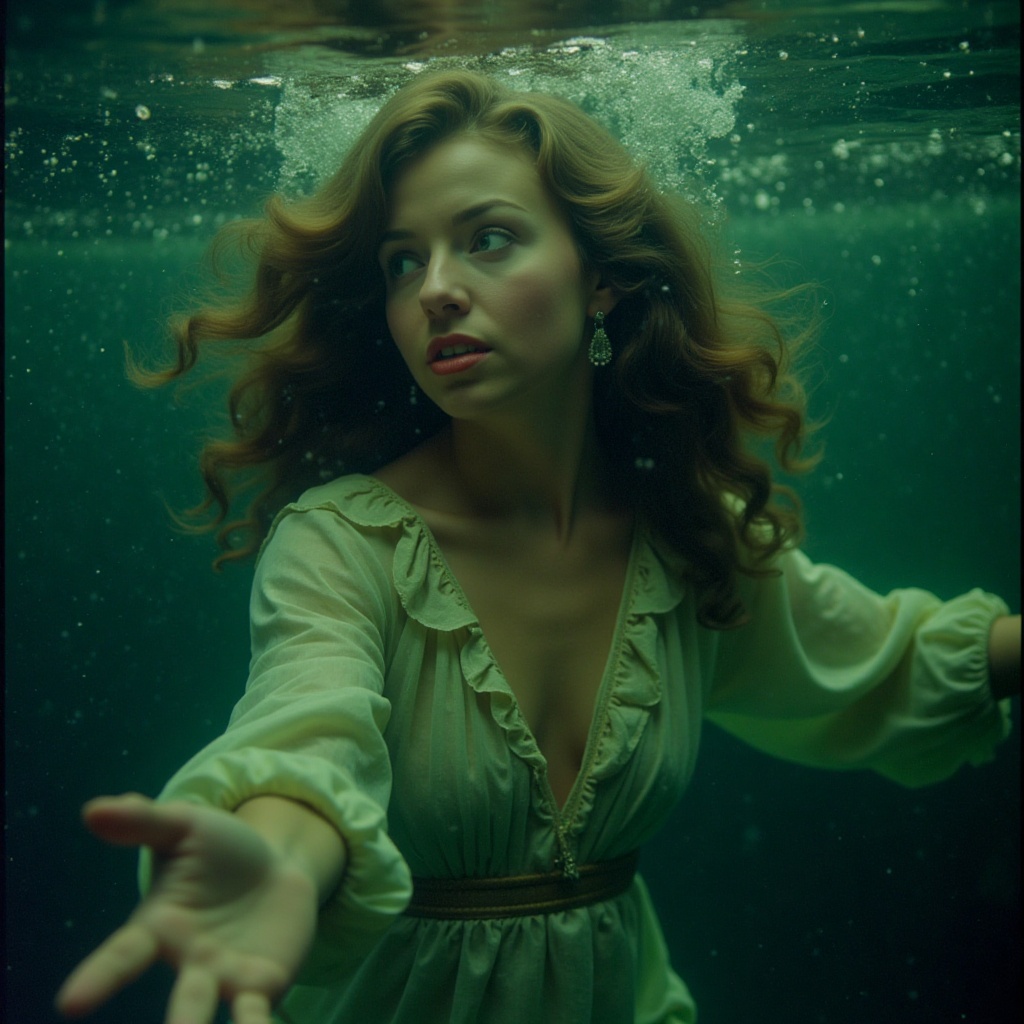 Underwater portrait of a woman with flowing hair,  reaching through emerald waters,  baroque lighting on Tensor.Art