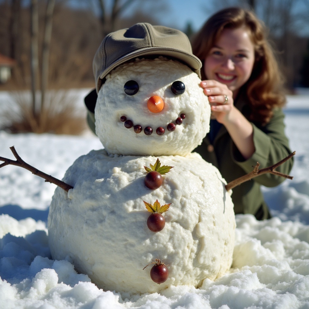 snowman crafted from mud with acorns for eyes,  a twig with a leaf for a nose,  and small berries forming a cheerful smile...