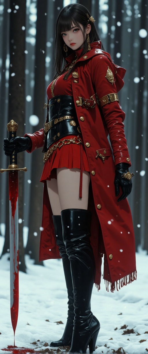 In a cinematic winter wonderland,  a stunning Korean beauty stands resplendent in a short,  tight Red Riding Hood dress an...