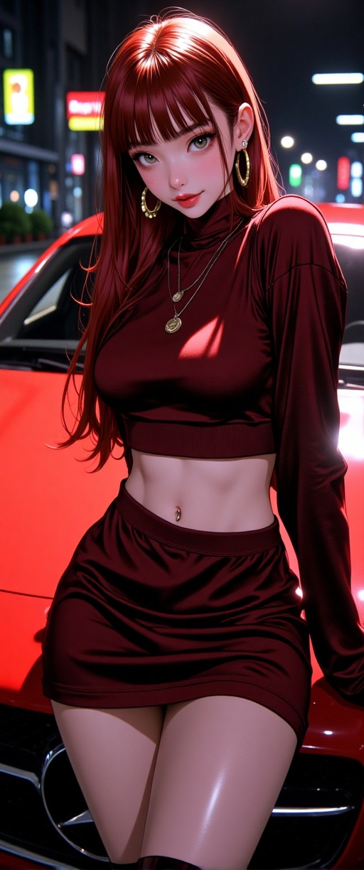 Surreal and cinematic picture of a young scandinavian slim fit **** girl,  round face with thick lips of a dark wine red c...