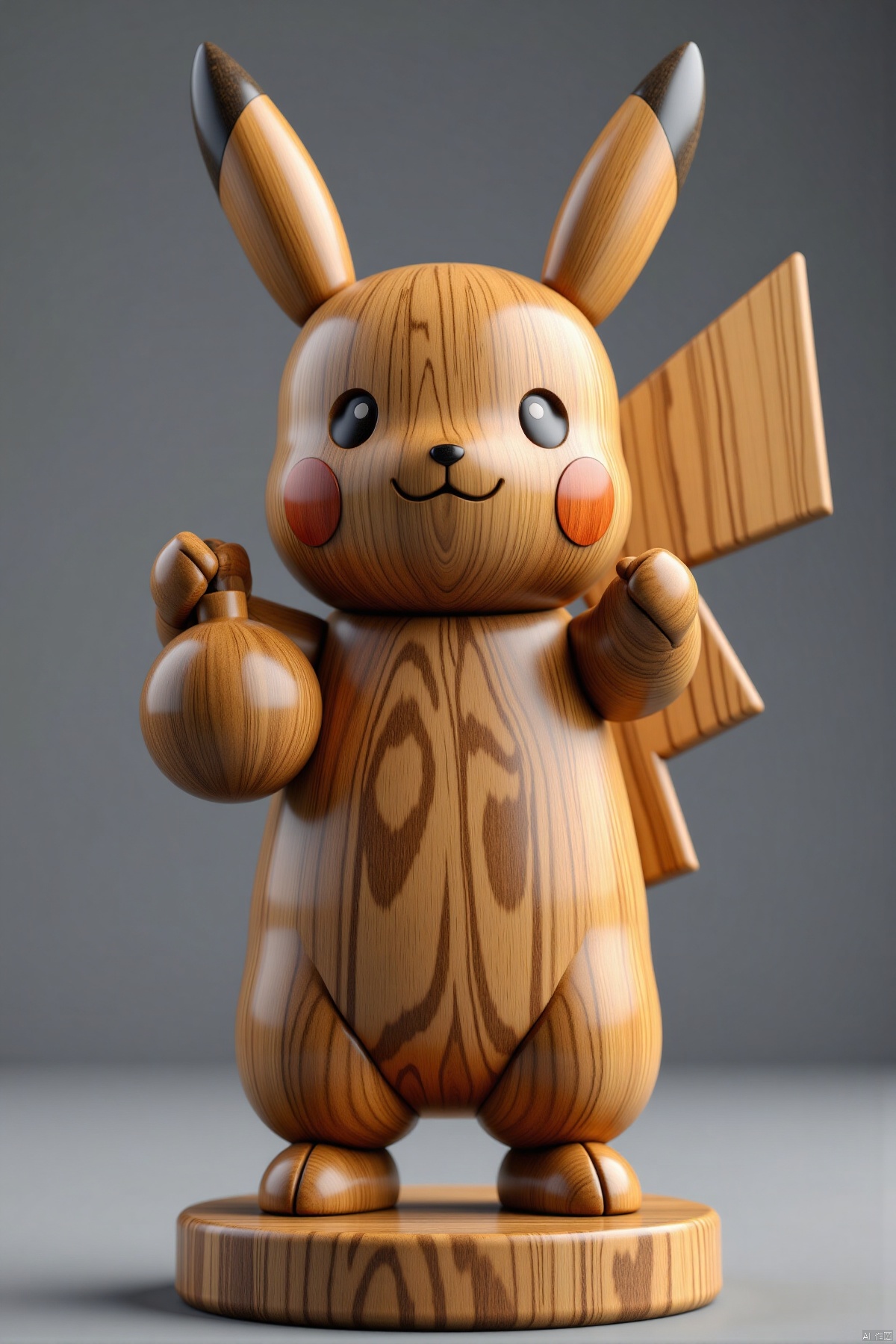 (Pikachu wooden sculpture,holding a bomb,gray background,full body,standalone display,geometric patterns,front view,3D art,C4D,3D rendering,light and shadow,depth of field,best quality,8K,super details,ultra-detailed,sharp focus,physically-based rendering,extreme detail description,professional,vivid colors,bokeh,detailed textures,realistic,photo-realistic:1.37)