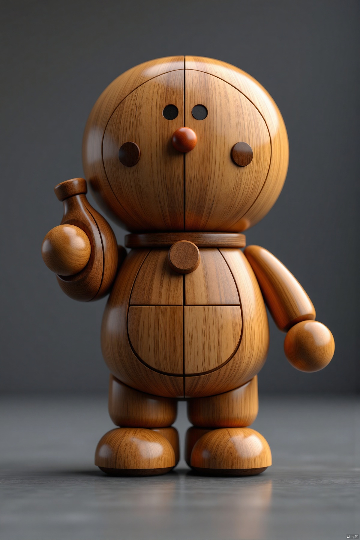 (Doraemon wooden sculpture,holding a bomb,gray background,full body,standalone display,geometric patterns,front view,3D art,C4D,3D rendering,light and shadow,depth of field,best quality,8K,super details,ultra-detailed,sharp focus,physically-based rendering,extreme detail description,professional,vivid colors,bokeh,detailed textures,realistic,photo-realistic:1.37)
