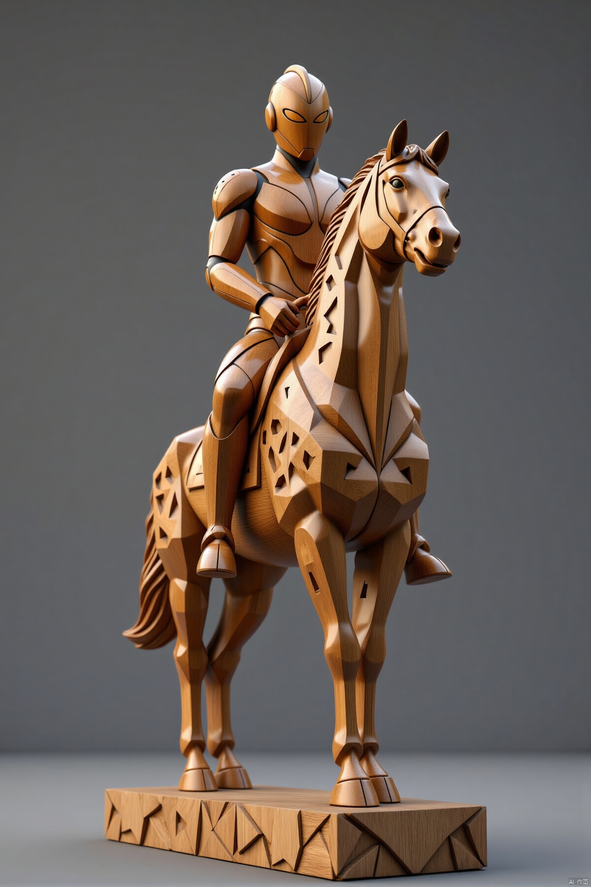 (Ultraman wooden sculpture,riding a horse,gray background,full body,standalone display,geometric patterns,front view,3D art,C4D,3D rendering,light and shadow,depth of field,best quality,8K,super details,ultra-detailed,sharp focus,physically-based rendering,extreme detail description,professional,vivid colors,bokeh,detailed textures,realistic,photo-realistic:1.37)