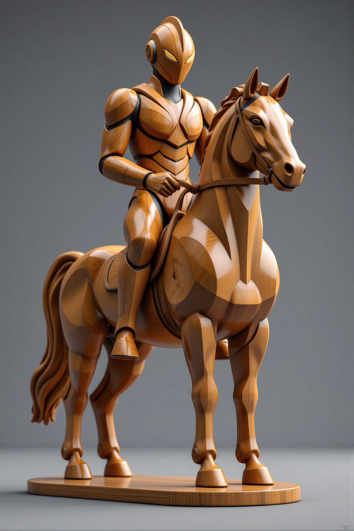 (Ultraman Tiga wooden sculpture,riding a horse,gray background,full body,standalone display,geometric patterns,front view,3D art,C4D,3D rendering,light and shadow,depth of field,best quality,8K,super details,ultra-detailed,sharp focus,physically-based rendering,extreme detail description,professional,vivid colors,bokeh,detailed textures,realistic,photo-realistic:1.37)