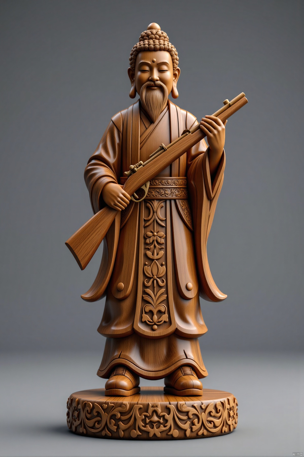 (ancient Gatlin Bodhisattva wooden sculpture,holding Gatlin machine gun,gray background,full body,standalone display,geometric patterns,front view,3D art,C4D,3D rendering,light and shadow,depth of field,best quality,8K,super details,ultra-detailed,sharp focus,physically-based rendering,extreme detail description,professional,vivid colors,bokeh,detailed textures,realistic,photo-realistic:1.37)