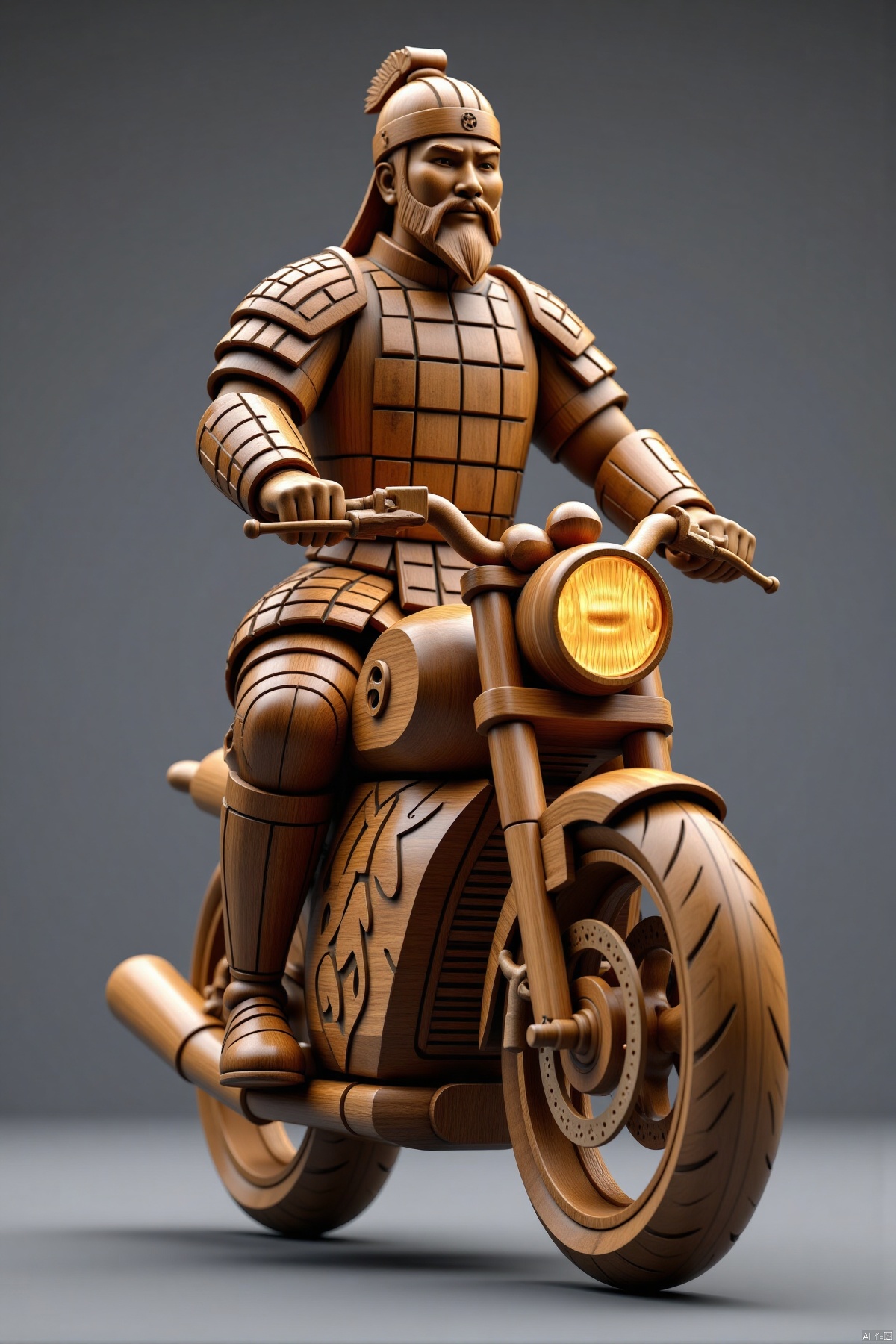 (ancient terracotta warrior wooden sculpture,riding a motorcycle,gray background,full body,standalone display,geometric patterns,front view,3D art,C4D,3D rendering,light and shadow,depth of field,best quality,8K,super details,ultra-detailed,sharp focus,physically-based rendering,extreme detail description,professional,vivid colors,bokeh,detailed textures,realistic,photo-realistic:1.37)