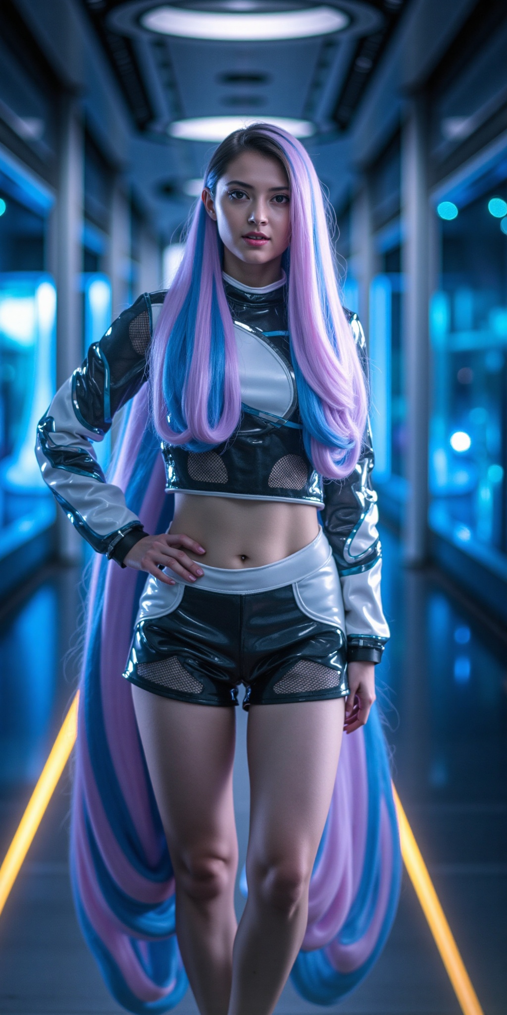 A full-body,  photorealistic portrait of a futuristic fashion icon modeled after Eida,  standing against a softly illumina...