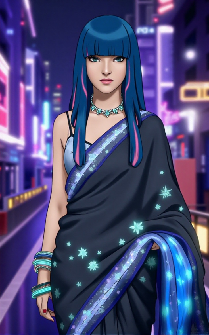 A semi-realistic anime portrait of Eida from Boruto,  featuring her striking blue and pink hair styled in sleek,  straight...