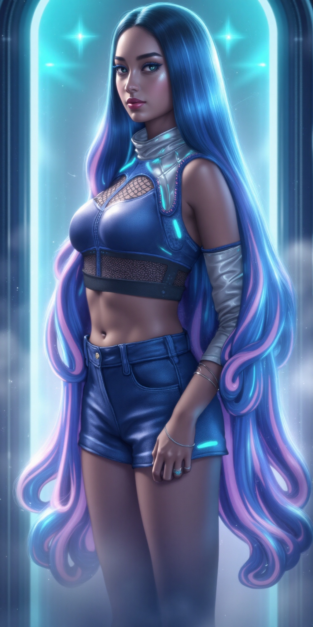 A full-body,  photorealistic portrait of a futuristic fashion icon modeled after Eida,  standing against a softly illumina...