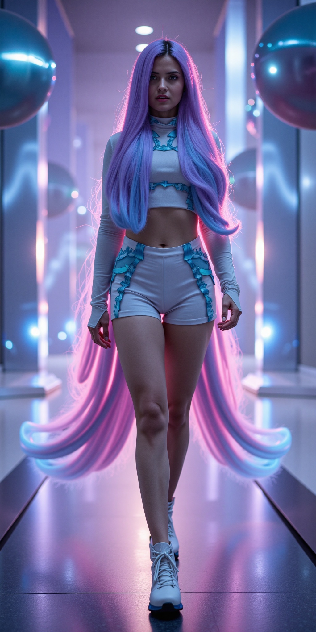 An ultra-realistic full-body fashion portrait of a glamorous futuristic woman inspired by Eida,  standing under soft ambie...