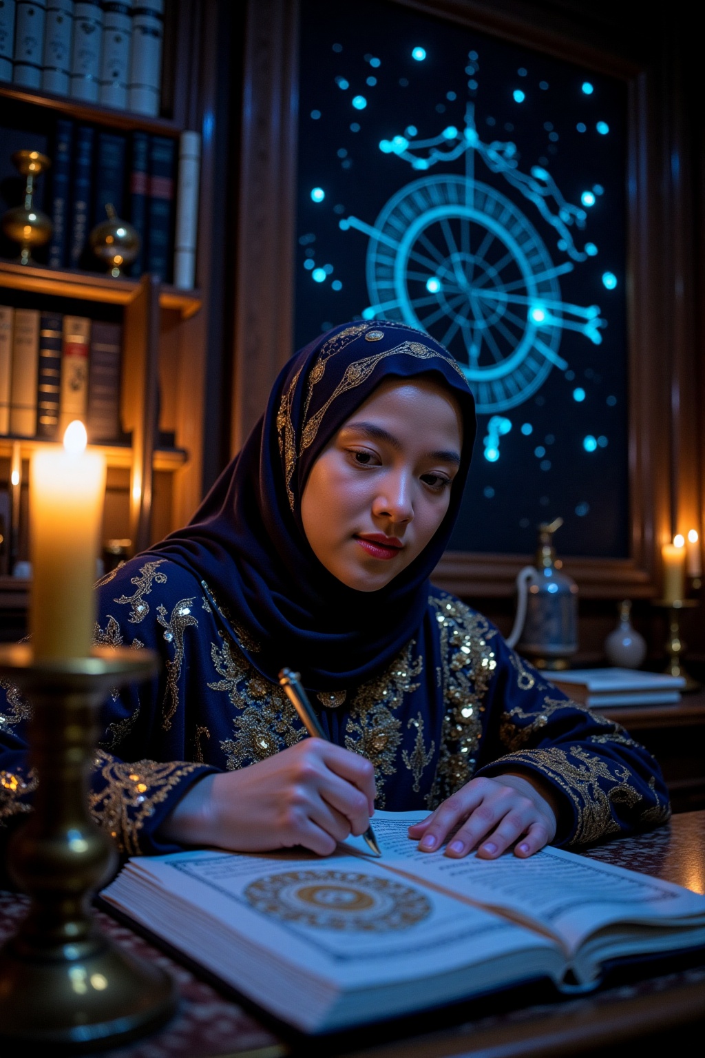 Bioluminescent,  An erudite woman,  garbed in raiment both opulent and celestial on Tensor.Art