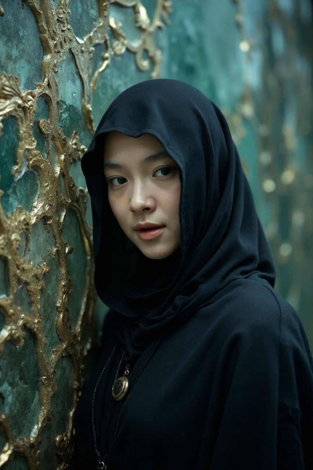 DSLR RAW photo mysterious woman with cloak and hood,  ornate crystal textures,  The scene has a cinematic on Tensor.Art