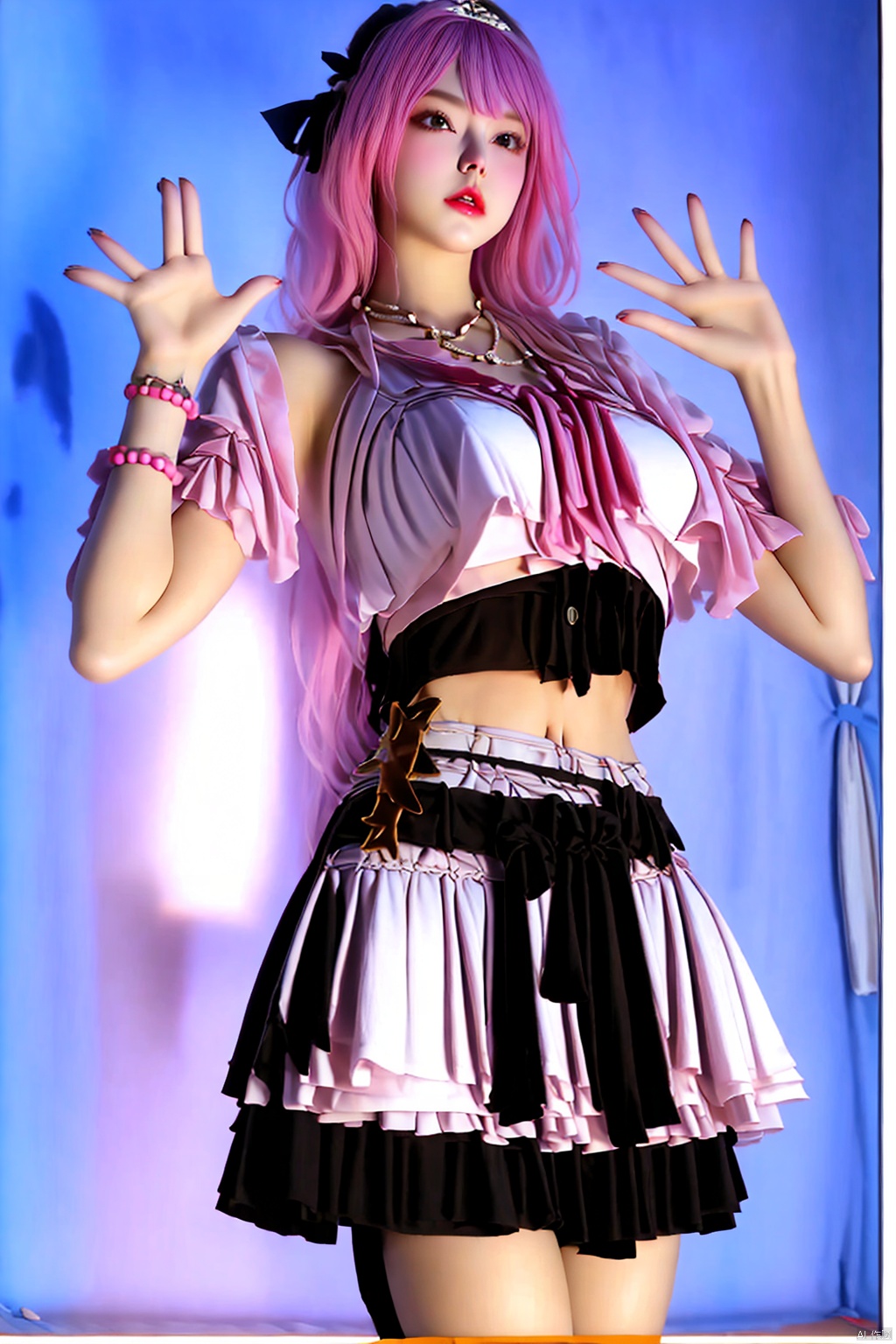 1girl
solo
long hair
skirt
navel
jewelry
pink hair
parted lips
midriff
necklace
bracelet
cosplay




