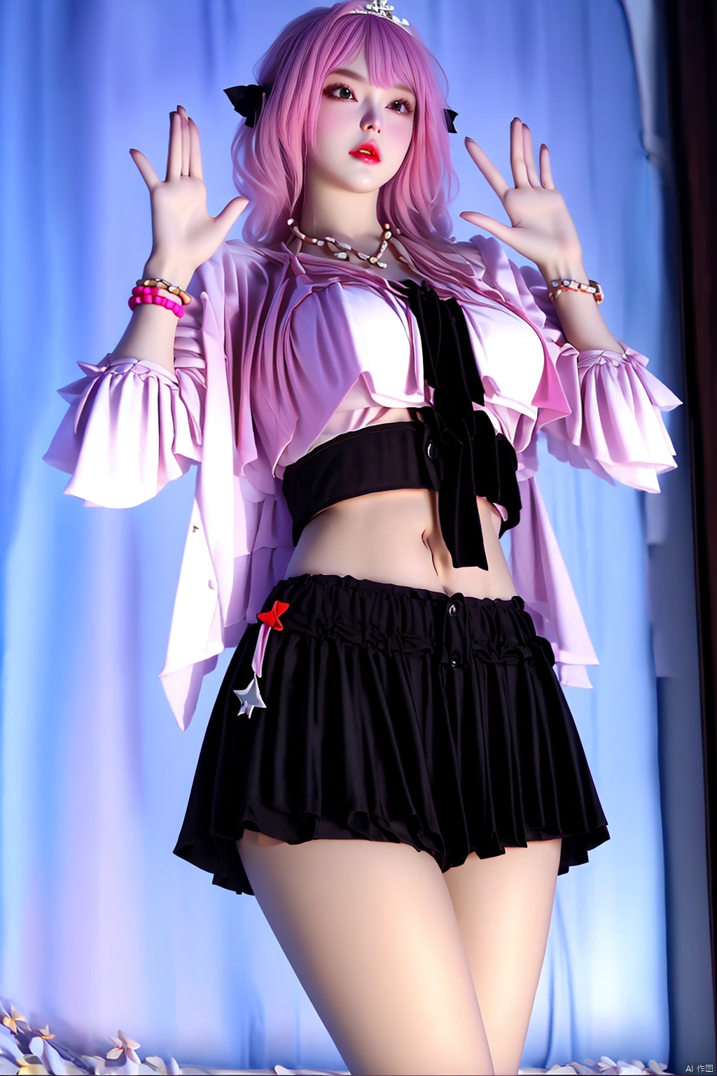1girl
solo
long hair
skirt
navel
jewelry
pink hair
parted lips
midriff
necklace
bracelet
cosplay




