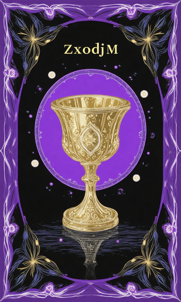 A detailed detailed illustration of a golden cup with the words "ZxodjM" written in gold in the center of the image. The b...