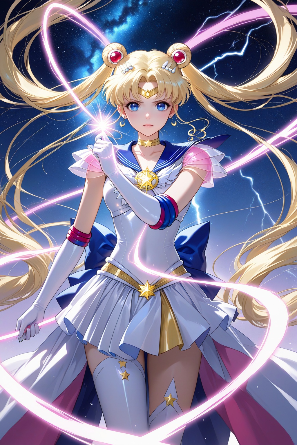 Captivating image of Sailor Moon (美少女战士水冰月) posing victoriously amidst a vibrant,  starry night sky,  with a streak of lig...