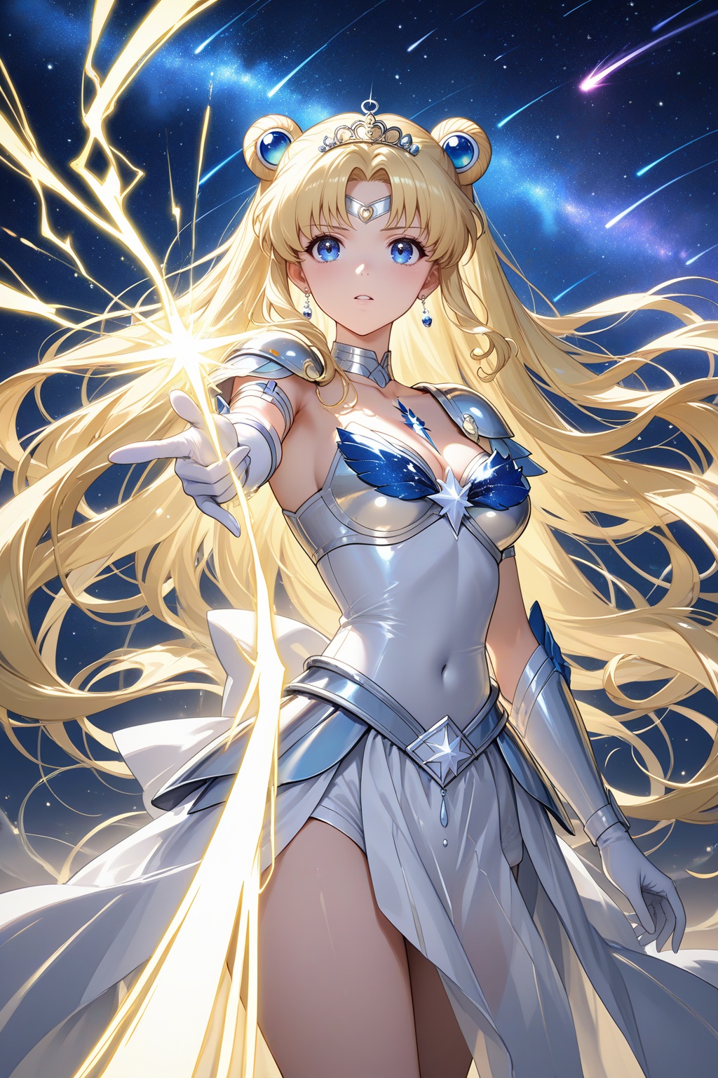 Captivating image of Sailor Moon posing victoriously amidst a vibrant,  starry night sky,  with a streak of lightning illu...