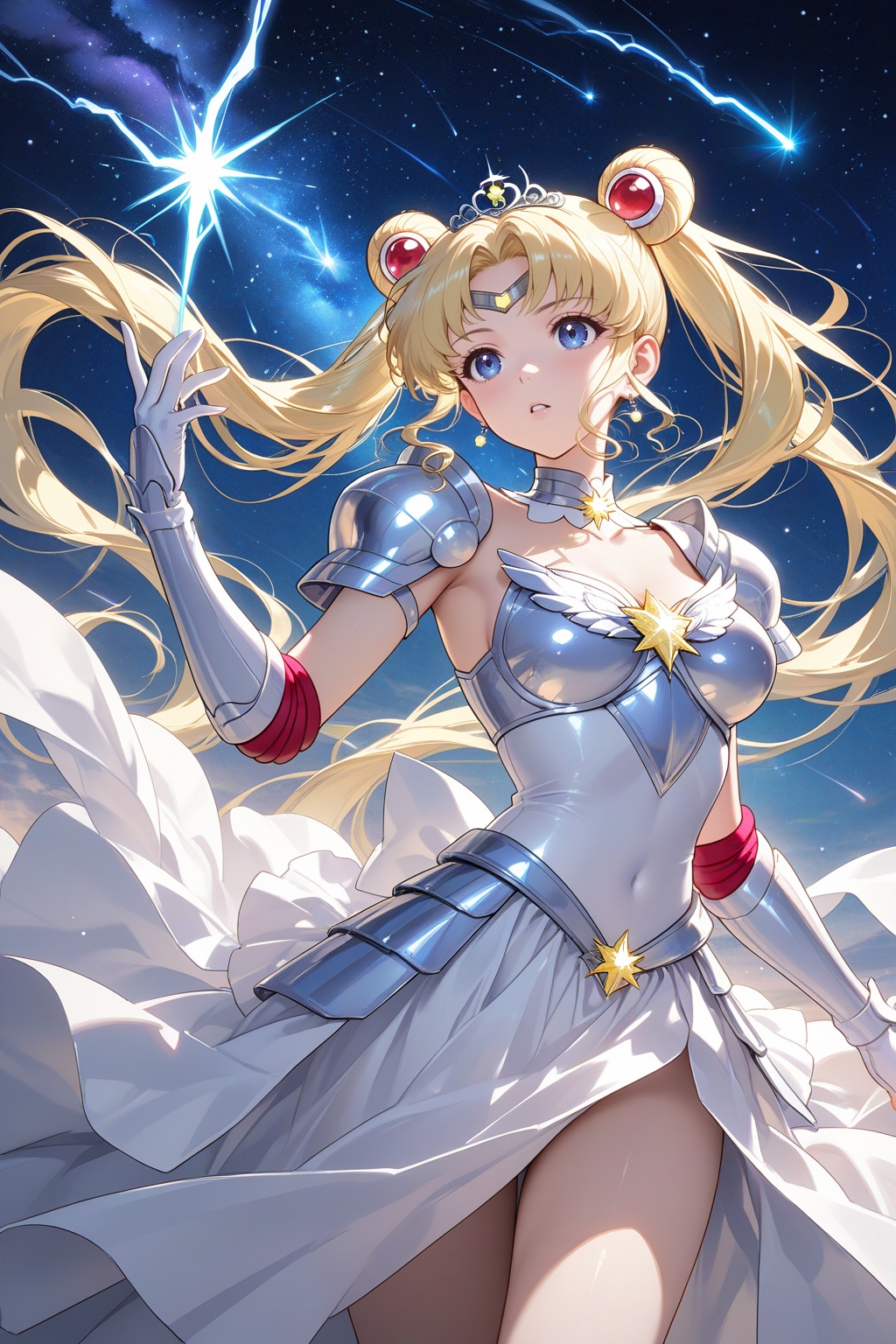 Captivating image of Sailor Moon posing victoriously amidst a vibrant,  starry night sky,  with a streak of lightning illu...