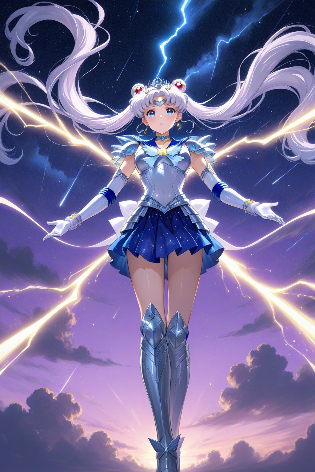 Vibrant night sky ablaze with stars,  Sailor Moon stands triumphantly atop a rugged outcropping,  her gleaming armor illum...