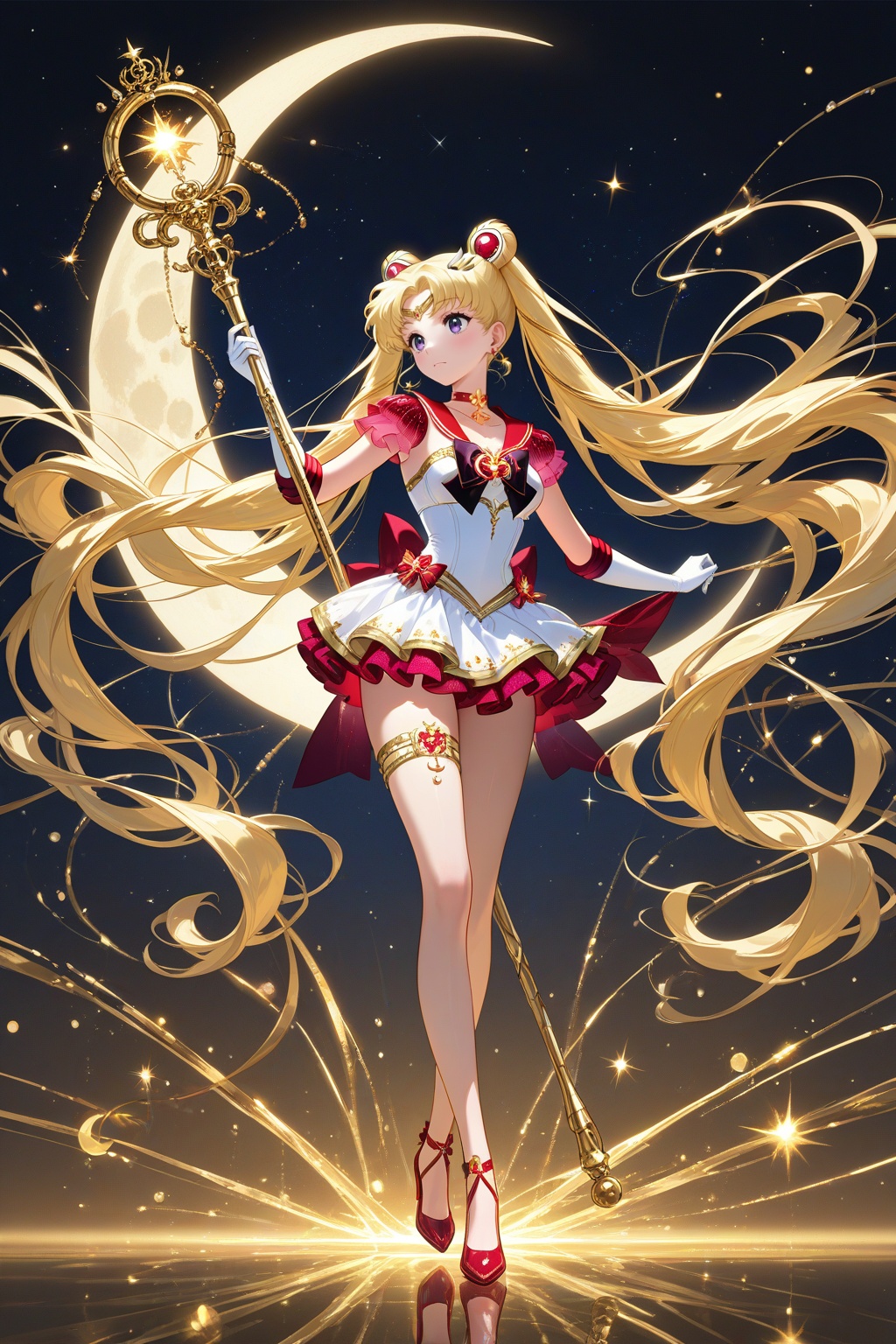 A dazzling scene featuring Sailor Moon in a glamorous Christmas-themed outfit. She wears a red velvet mini dress with gold...