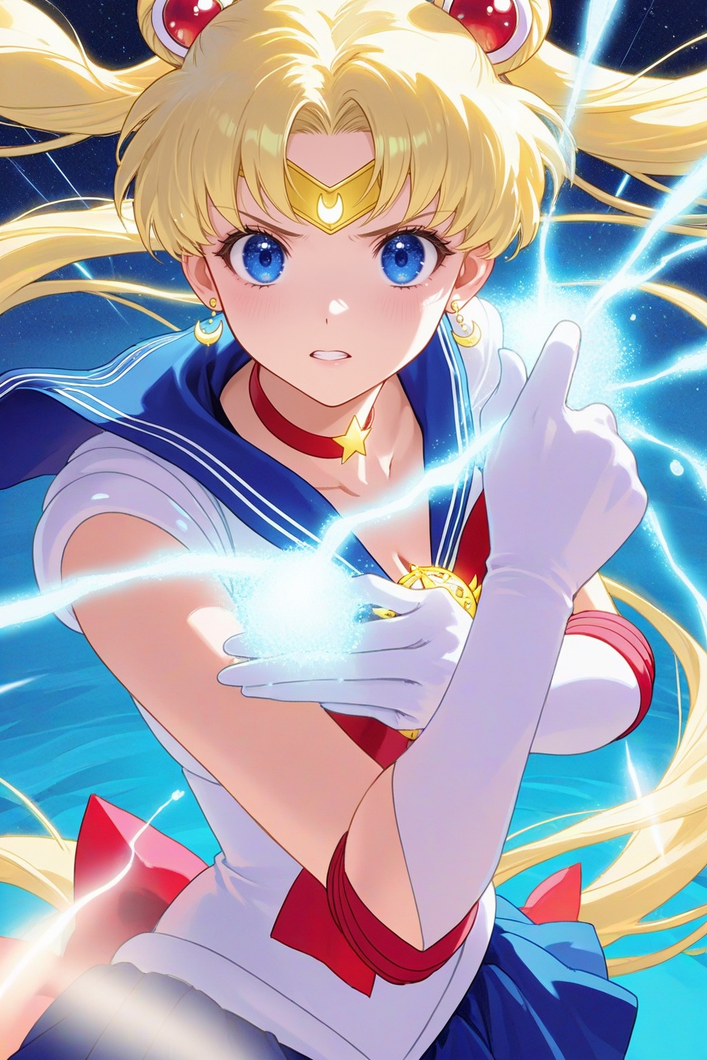 Close-up shot of Sailor Moon,  Water Ice month,  standing heroically with a determined expression. The background is a dar...